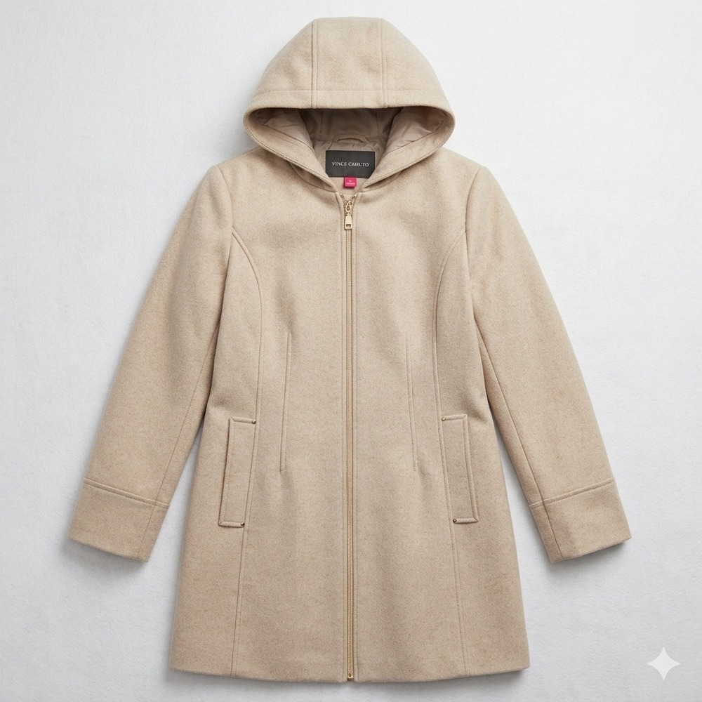 Vince Camuto Womens Hooded Wool Coat Zip Front Coat Oatmeal Beige Jacket Medium‎